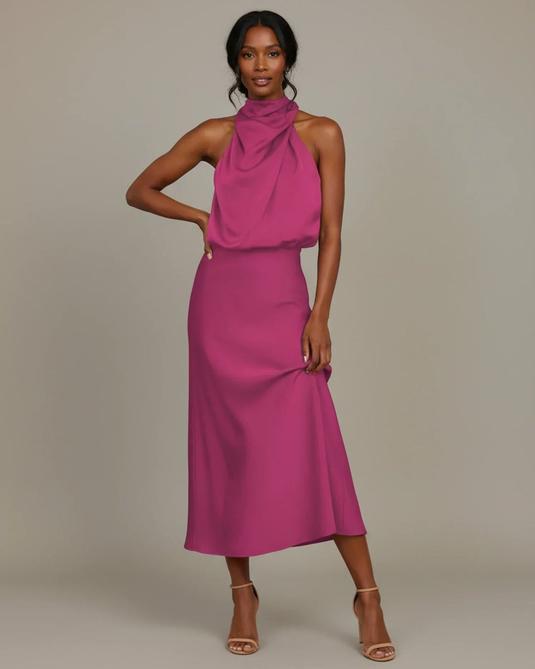 Women's fashion statement: sophisticated halter neck cowl neck midi dress