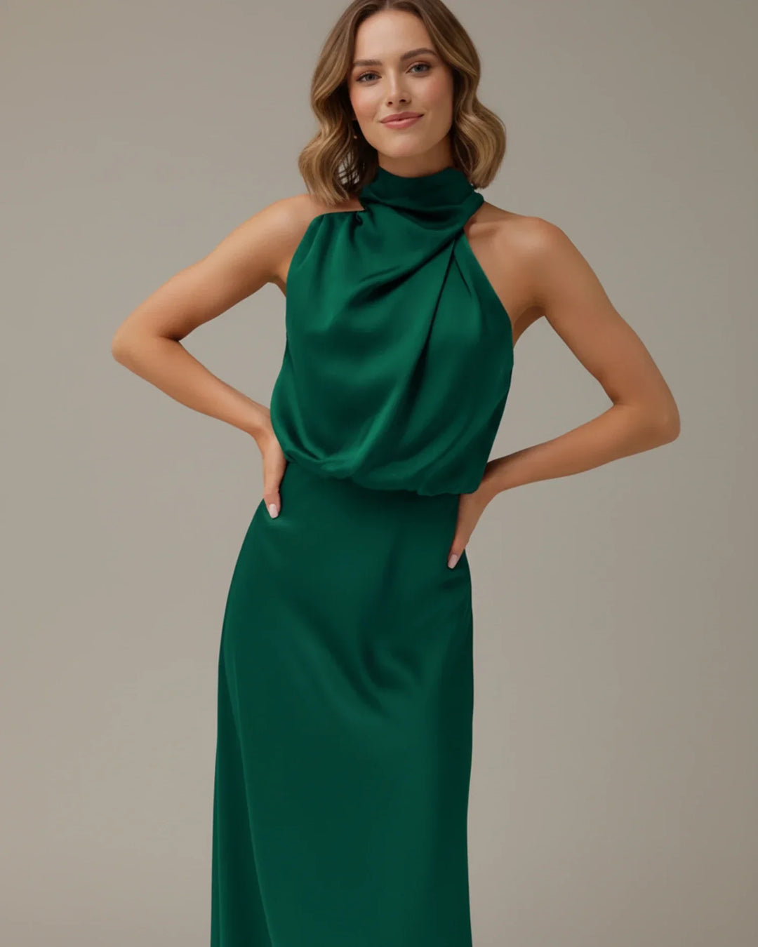 Beautiful midi slip dress with halter and cowl neck, ideal for celebrations
