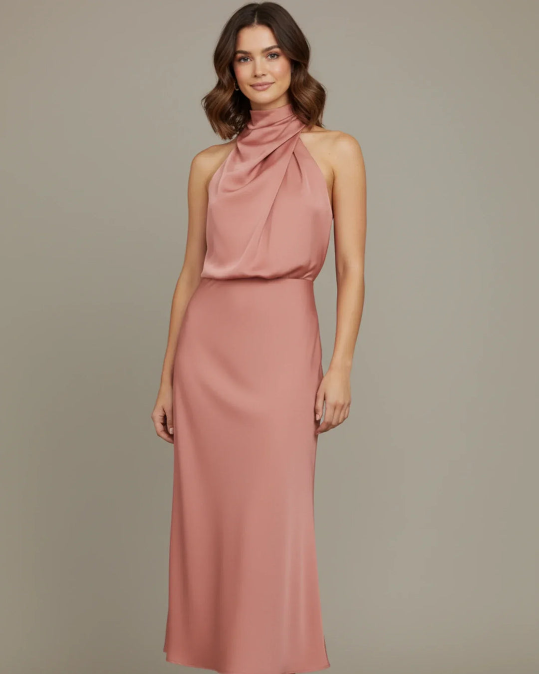 Elegant halter cowl neck slip dress, ideal as a women's wedding guest outfit