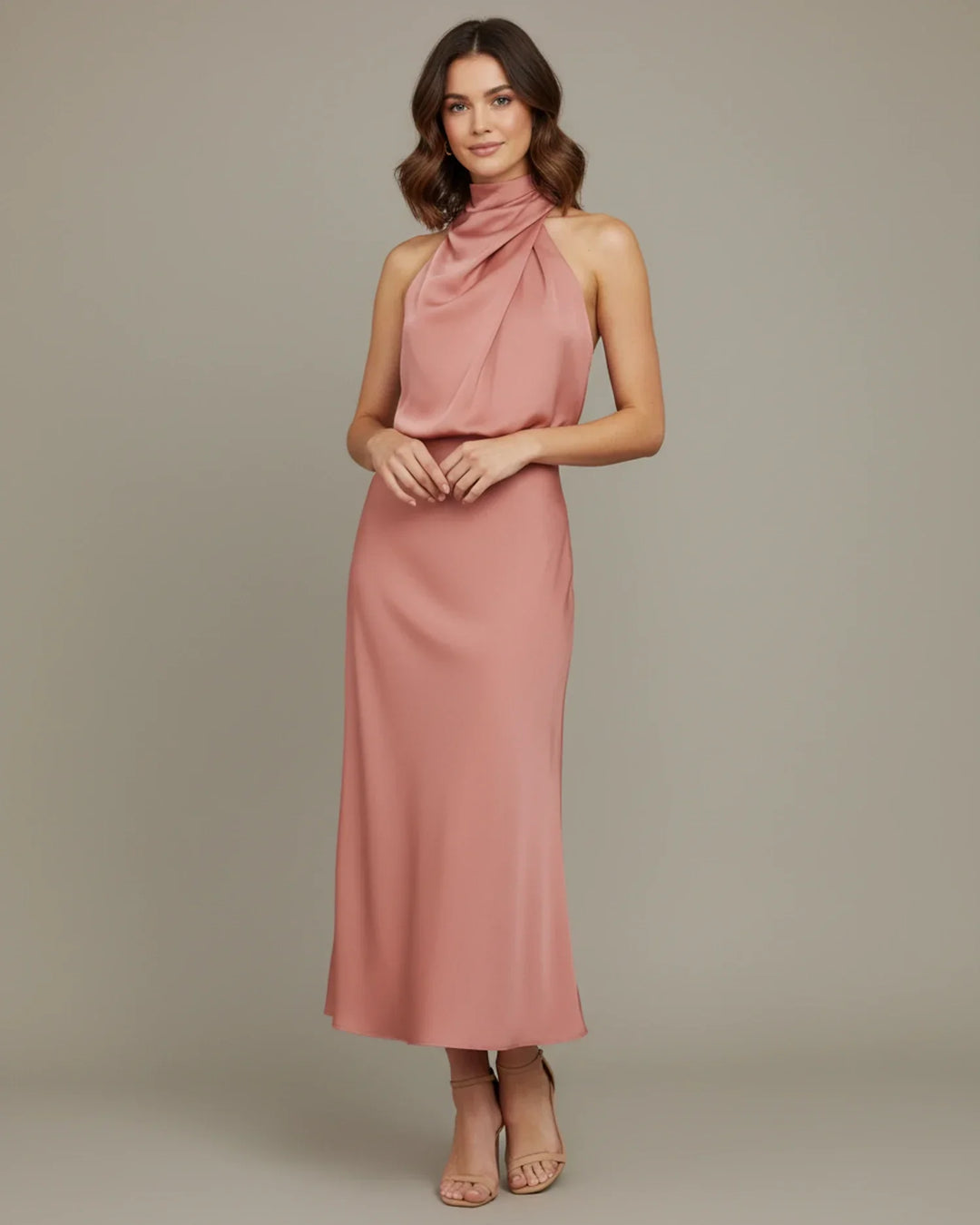 Designer midi slip dress for women with a luxurious halter and cowl neck