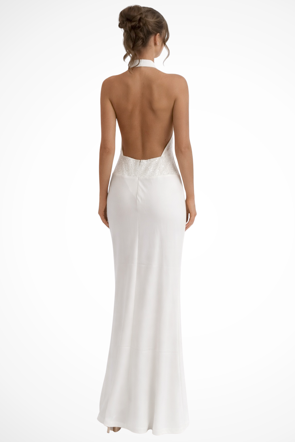 Chic halter neck maxi dress with elegant draping, perfect for wedding guests or formal evening events.