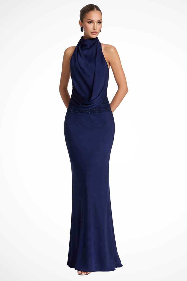 Luxurious draped halter neck maxi dress, a sophisticated long gown for women attending weddings.