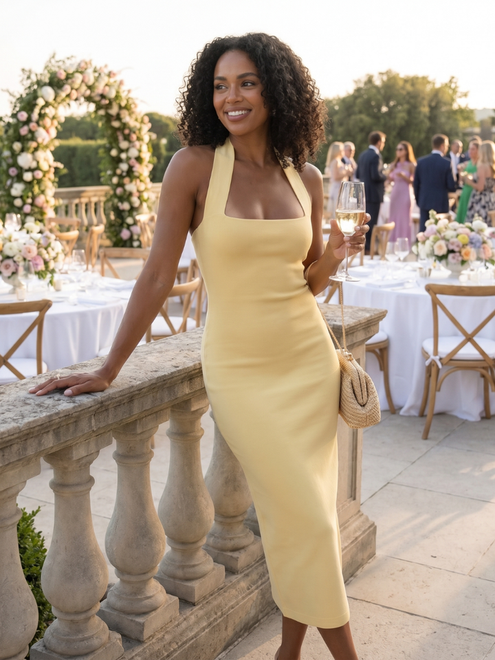 Women's tailored halter midi dress in motion, highlighting its comfortable yet elegant fit for cocktail parties.