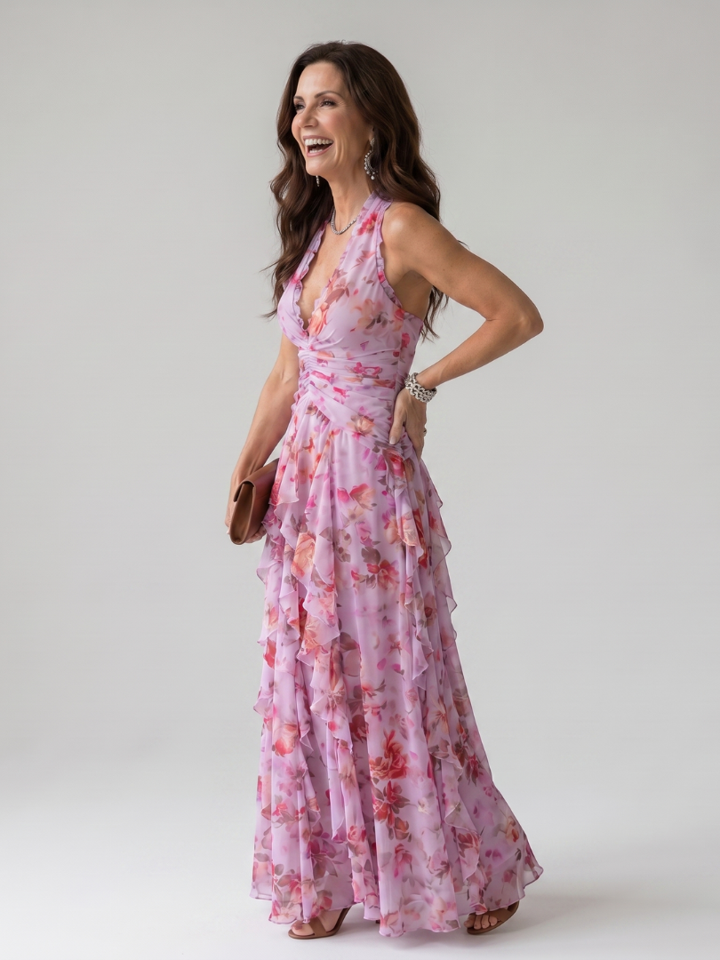 Women's elegant halter neck floral maxi dress featuring a stylish ruched bodice.