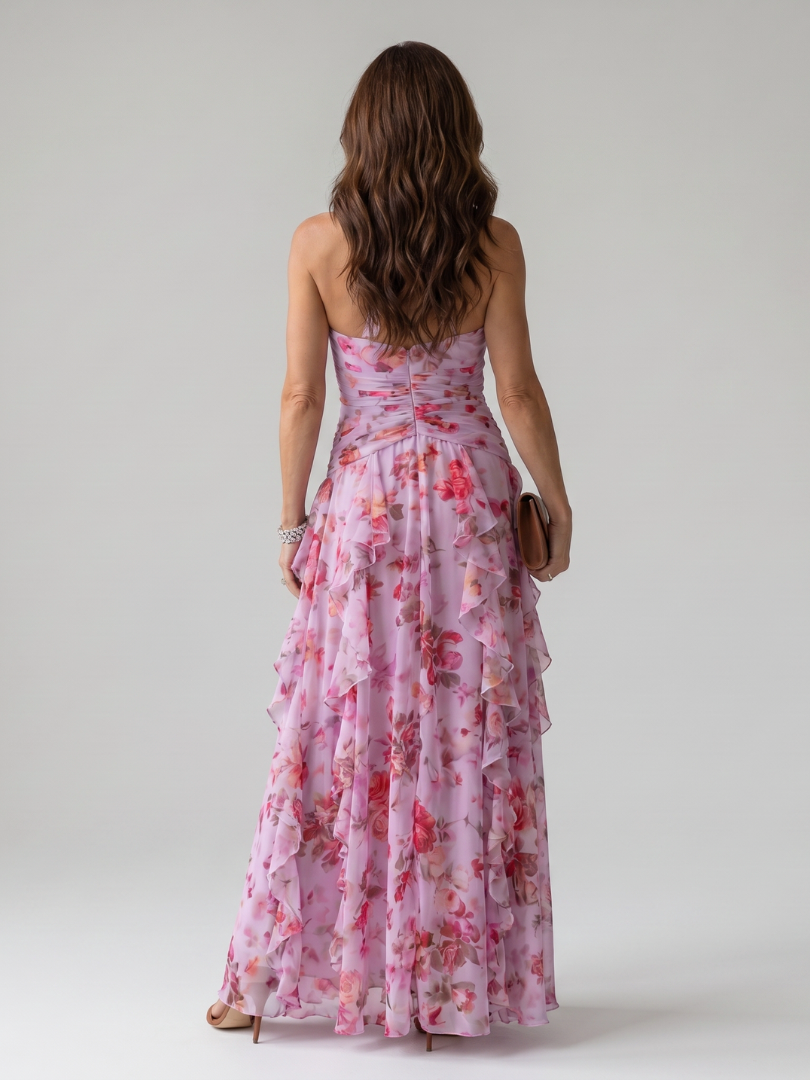 Pink floral halter neck maxi dress for women, an elegant and flowy summer occasion dress.