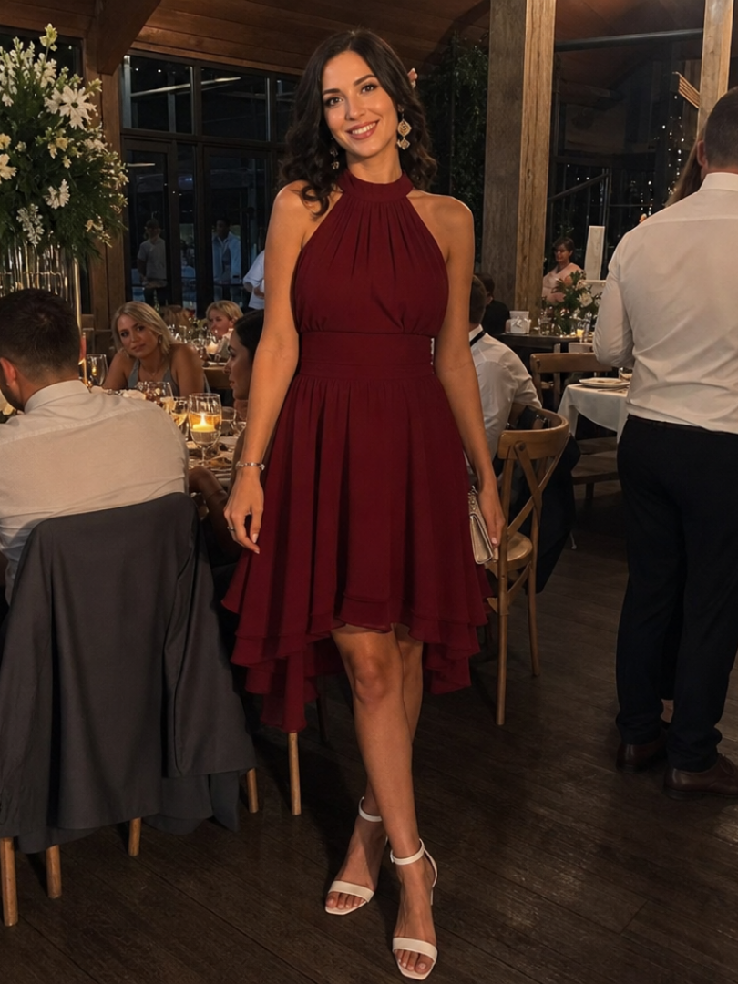 Lightweight summer halter neck knee length dress for women, featuring a chic layered hem for comfortable elegance.