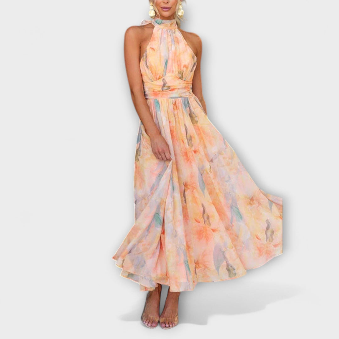 Sophisticated formal party dress for women, featuring a halter neck and stunning reddish-orange gradient design.