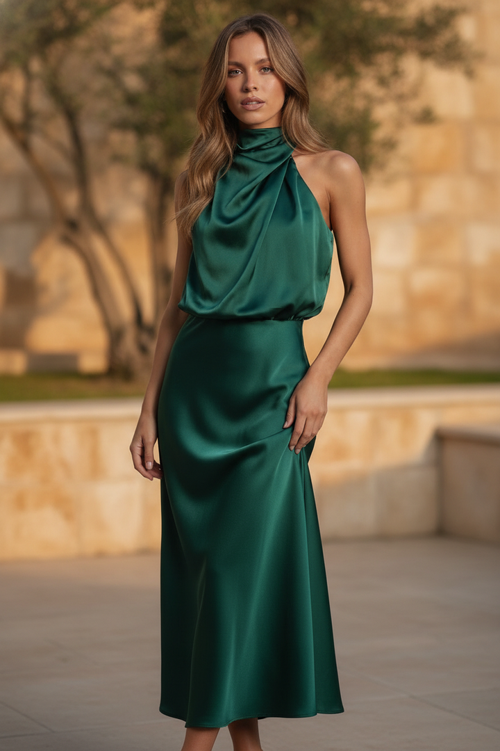 Elegant women's halter neck midi dress, perfect for a wedding guest or formal occasion.