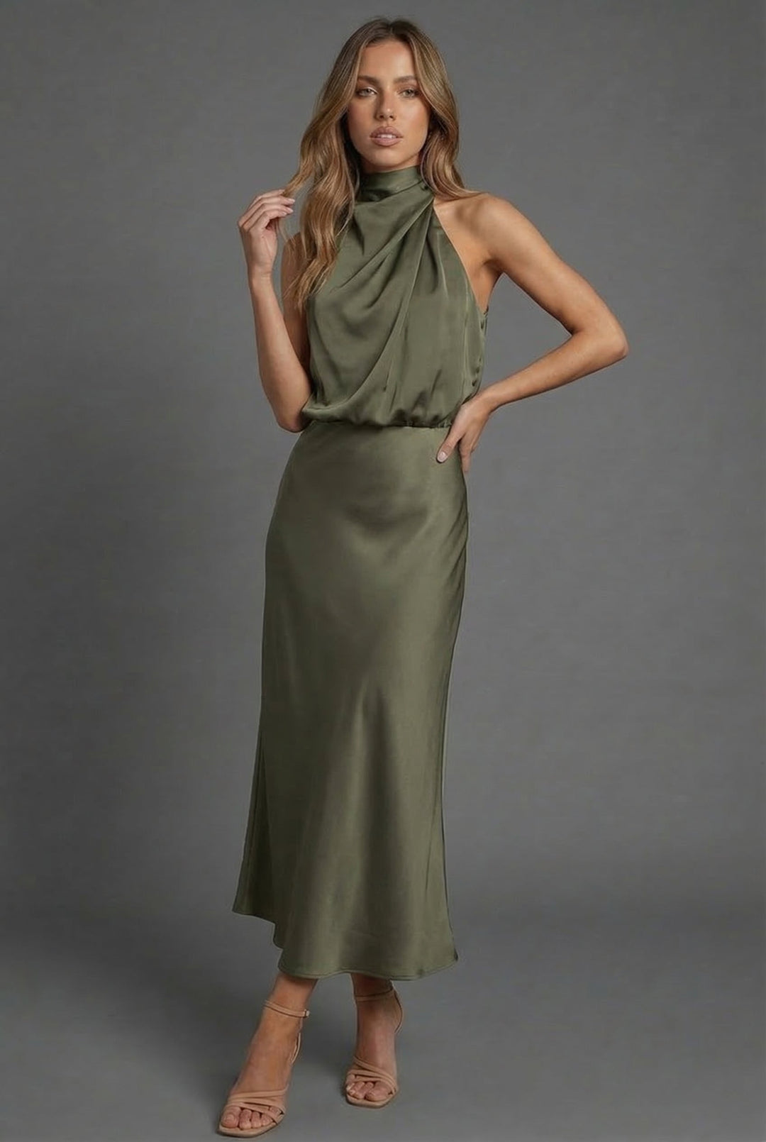 Chic wedding guest midi dress for women, featuring a sophisticated halter neck.
