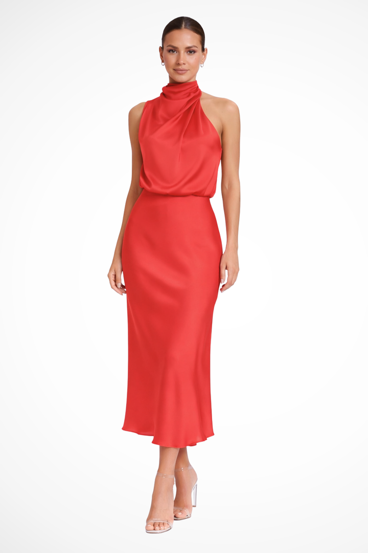 Luxurious women's special occasion midi dress, featuring an elegant halter neckline.