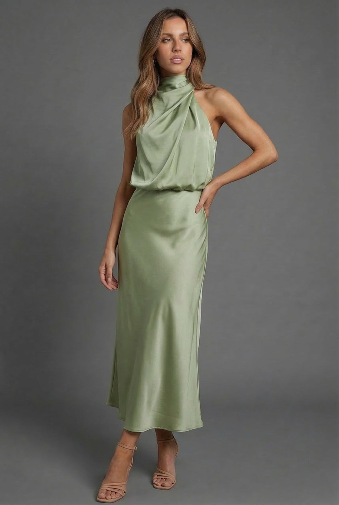 Graceful women's open-back midi dress with a halter neck, ideal for wedding guests.