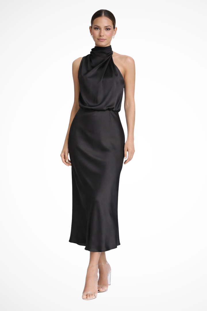 Comfortable yet chic halter neck midi dress for women, ideal for wedding guests & formal gatherings.