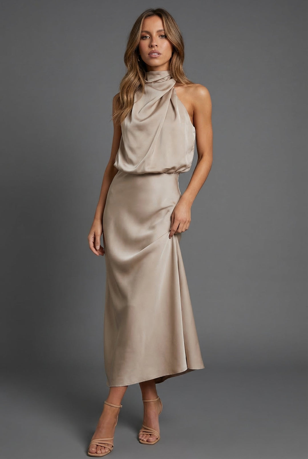 Chic open-back midi cocktail dress for women, ideal for summer parties & evening events.