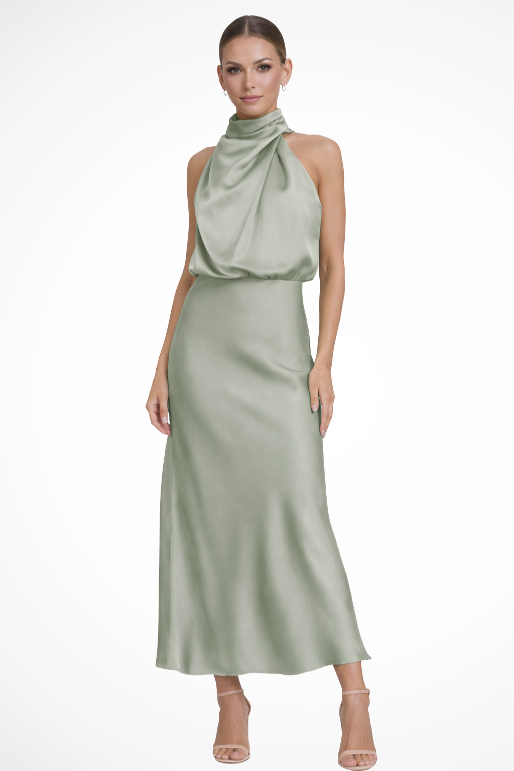 Women's elegant party dress: a beautiful halter neck midi, suitable for special occasions.