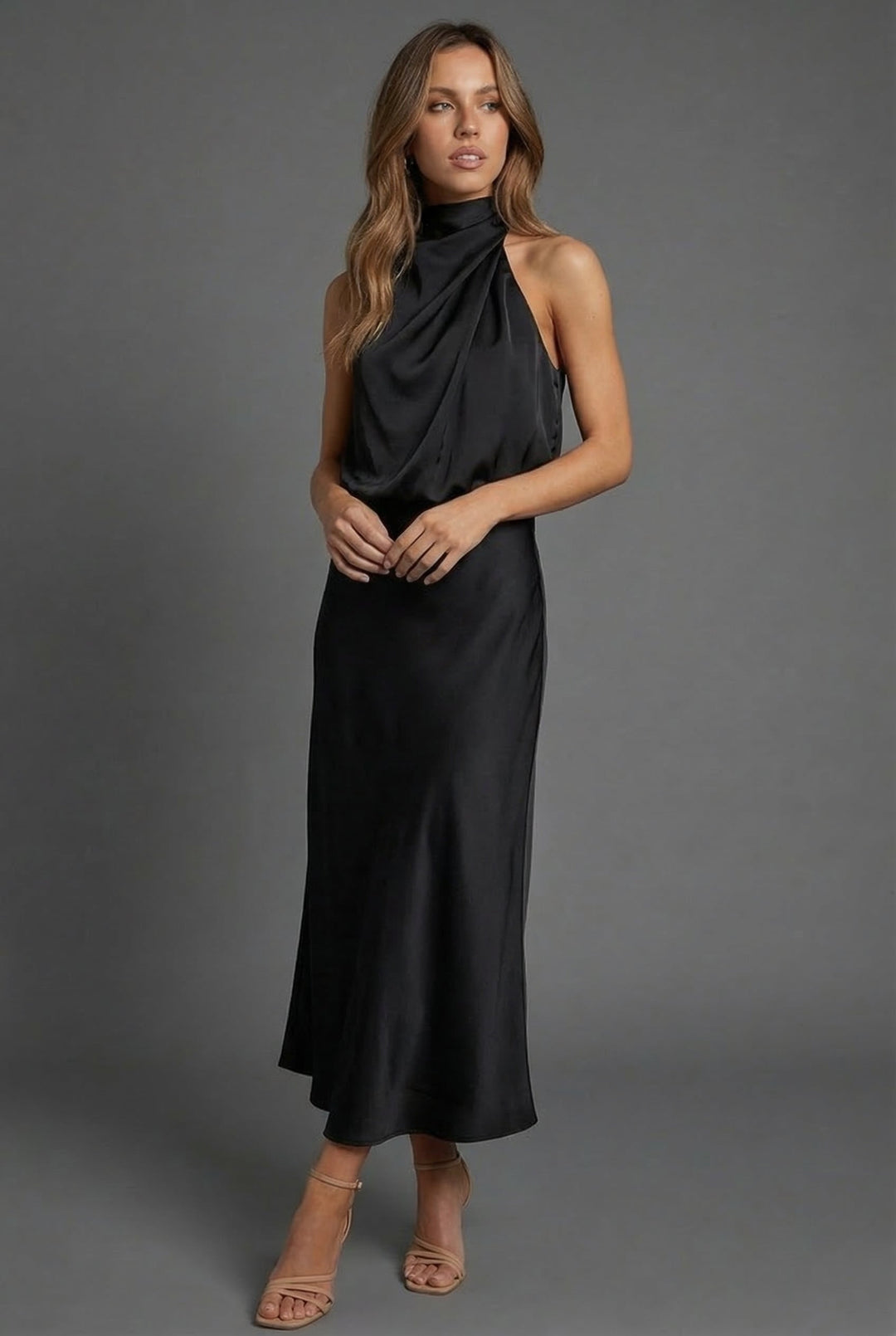 Women's halter neck party dress, a stylish midi length perfect for summer weddings & occasions.