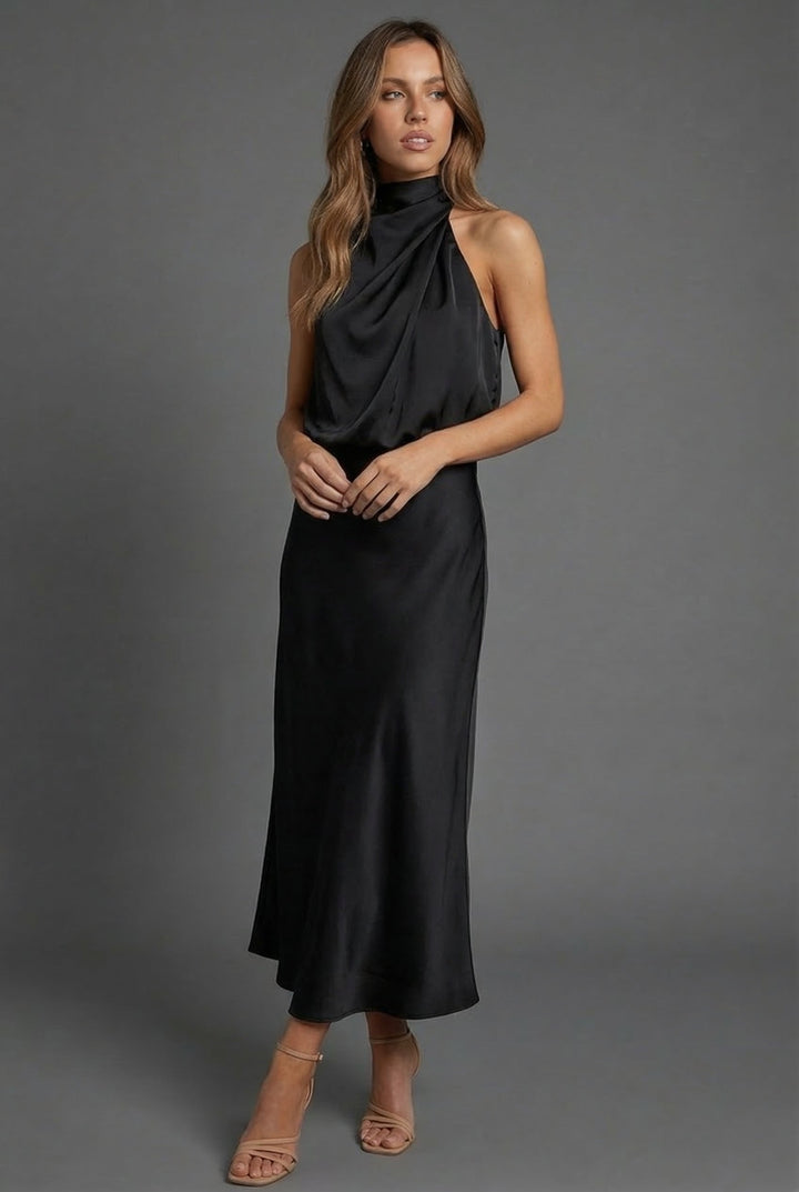 Women's halter neck party dress, a stylish midi length perfect for summer weddings & occasions.