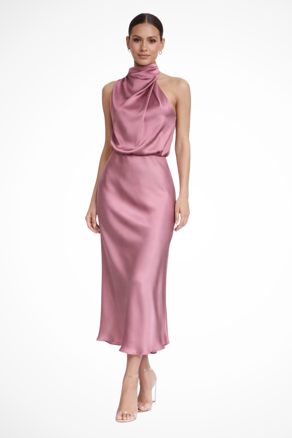 Graceful women's wedding guest midi dress with a high halter neckline for an elegant presence.