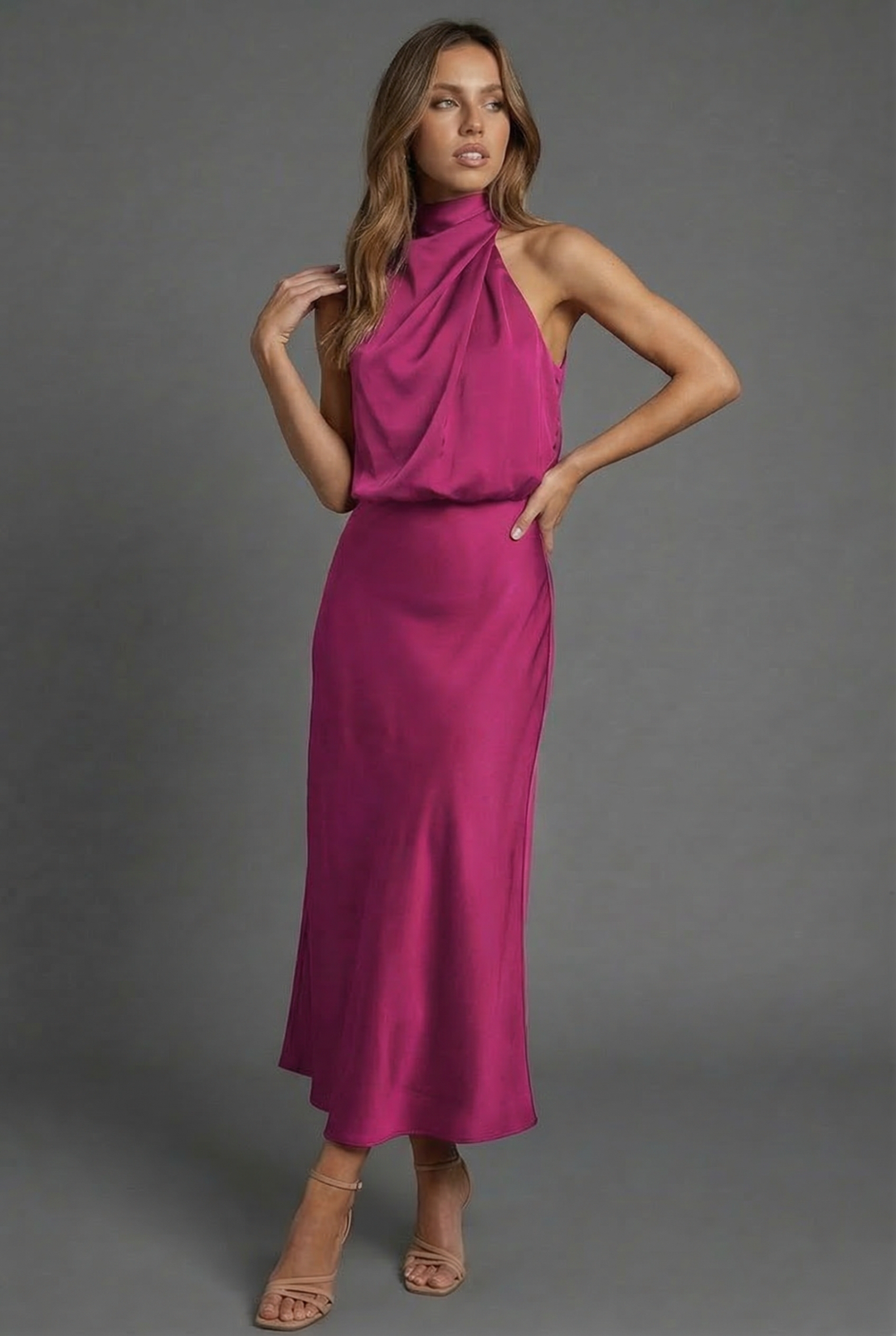 Women's formal midi dress with an elegant halter neck, suitable for cocktail & evening parties.