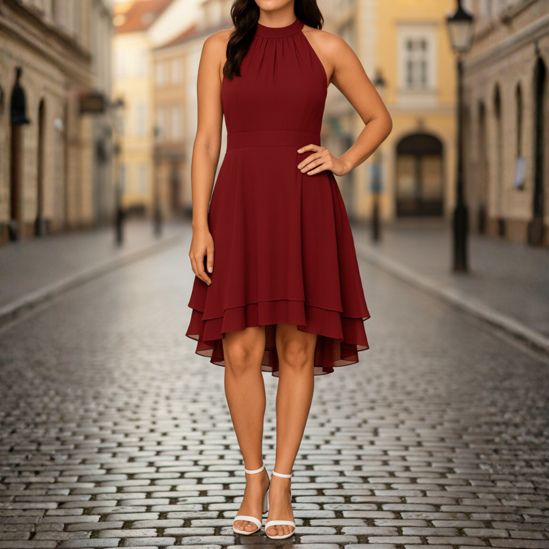 Women's special occasion elegant midi dress, featuring a chic halter neck and delicate layered skirt design.