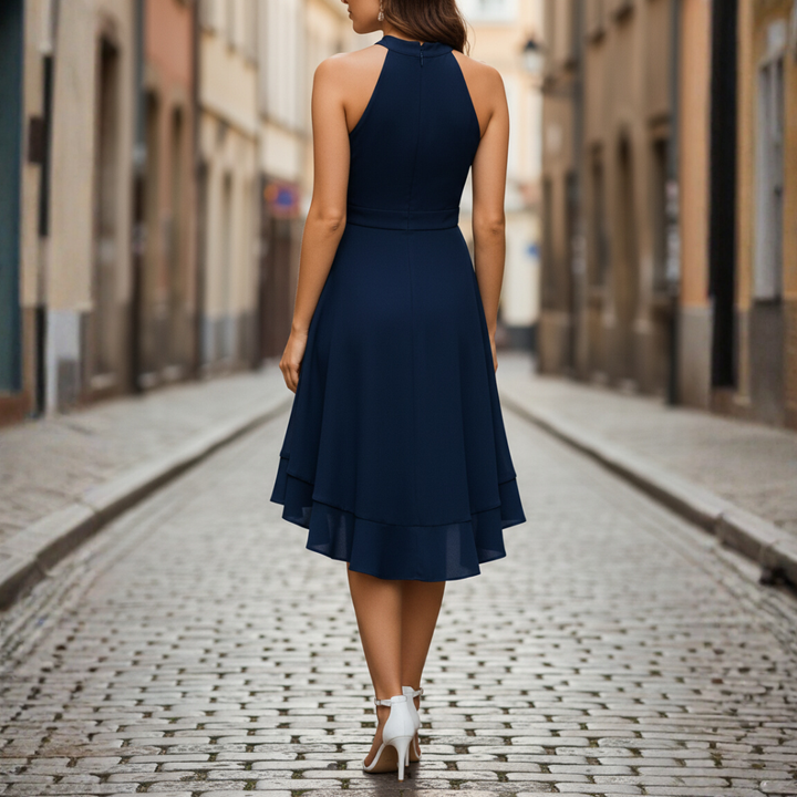 Sophisticated women's elegant midi dress, halter neck with layered design, ideal for evening events & special occasions.