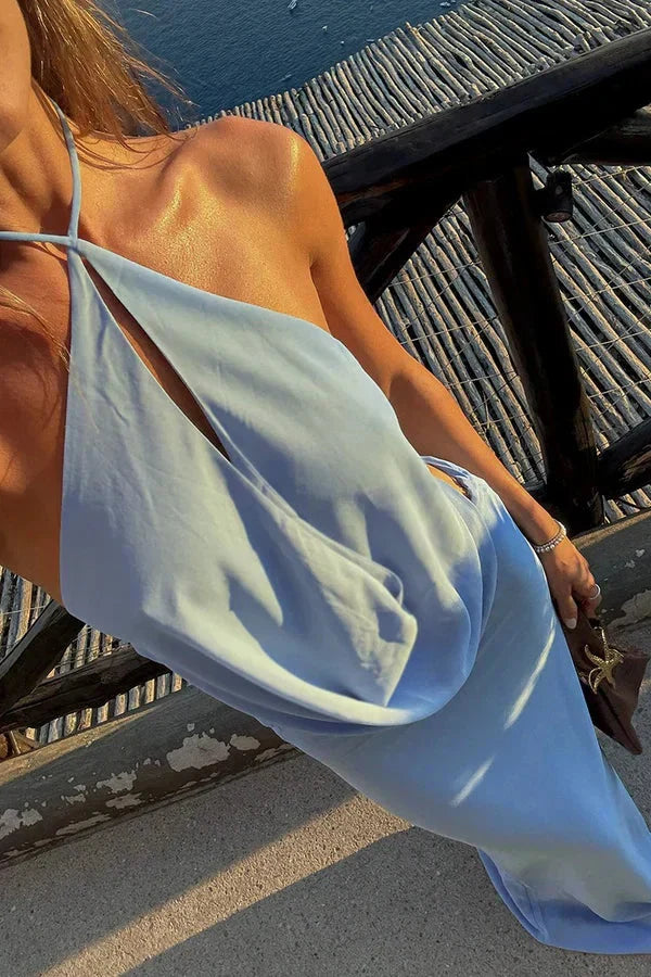 Sophisticated long halter neck maxi dress for women, featuring an open back & adjustable fit. Elegant evening wear.