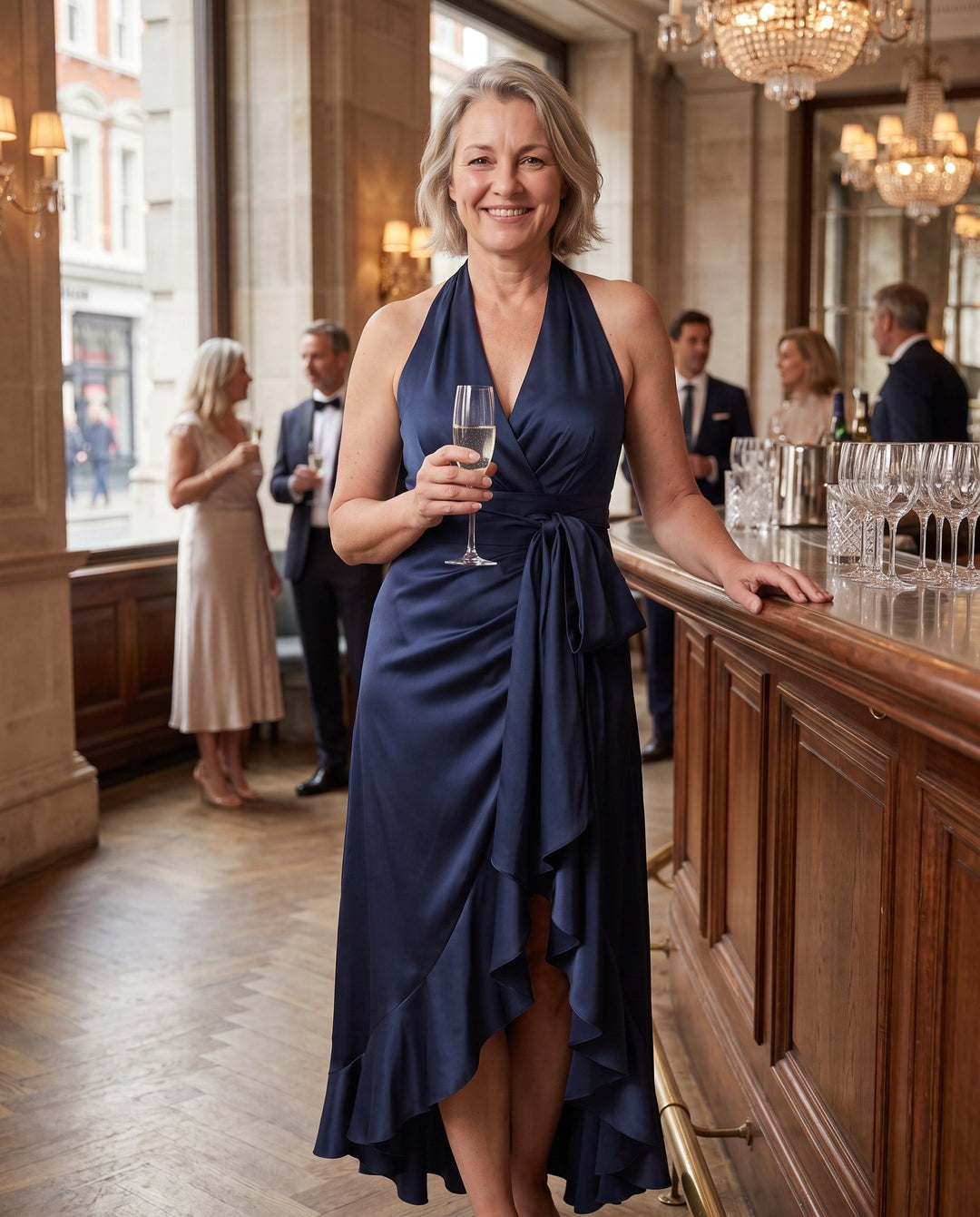 Women's sophisticated halter neck maxi dress featuring elegant ruffles, perfect for evening wear & special events.