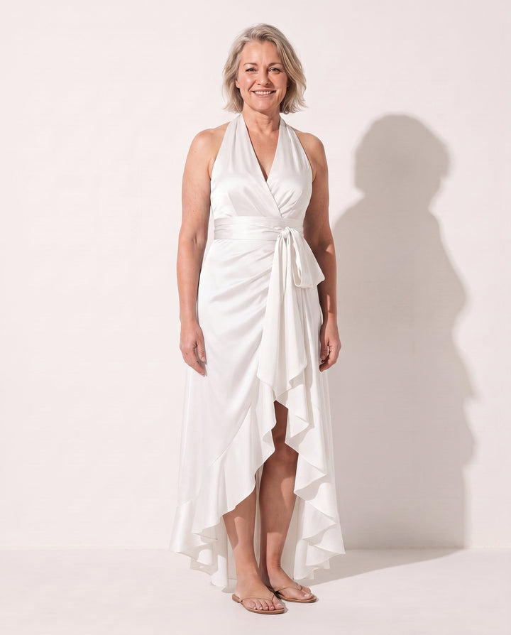 Comfortable yet elegant women's halter neck ruffle maxi dress, perfect as an evening gown or formal occasion wear.