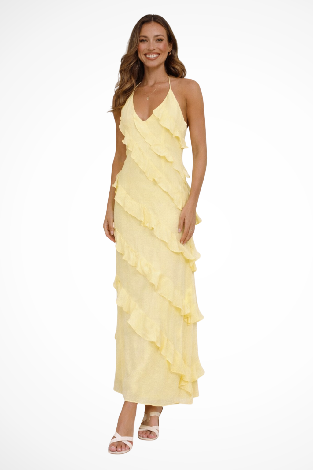 Elegant women's halter neck ruffle maxi dress, perfect for summer vacations & beachwear. Flowy & stylish sundress.