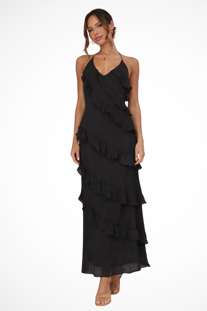 Chic women's halter neck ruffle maxi dress, a perfect beachwear sundress for summer vacations & elegant resort wear.