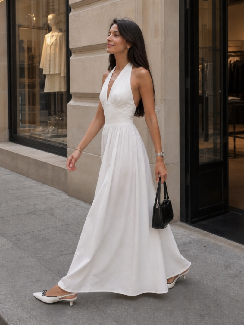 Versatile women's apparel: a sleeveless halter neck fitted midi dress, essential for summer elegance.