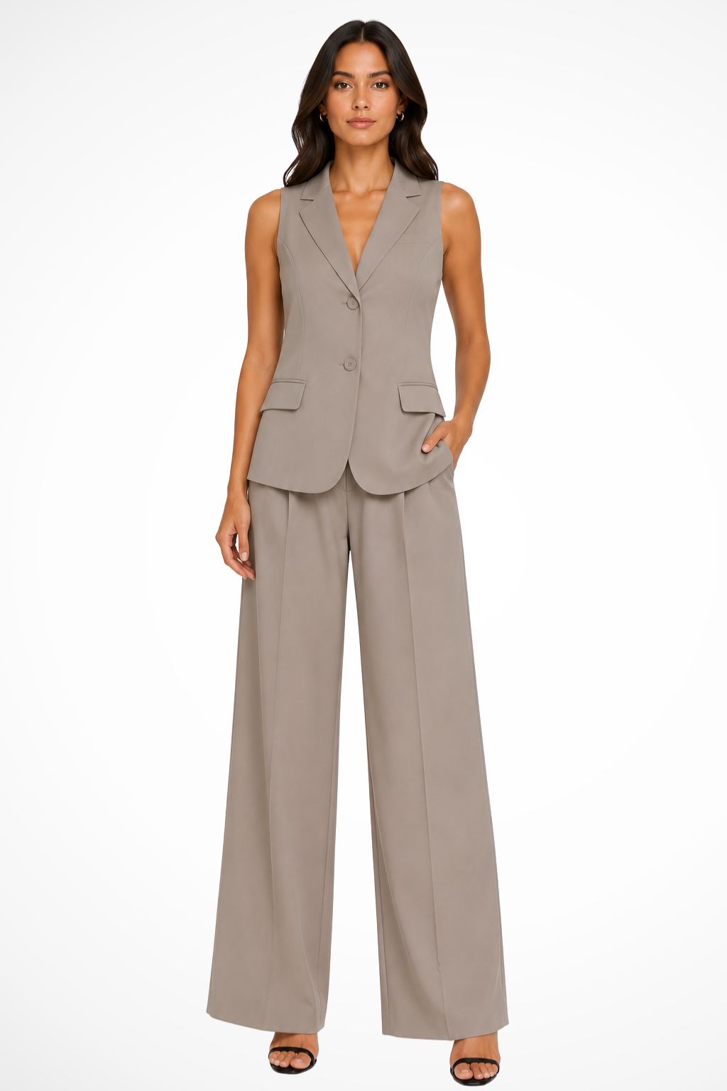 Stylish women's halter neck waistcoat and wide leg trousers, perfect for spring/summer business casual fashion.