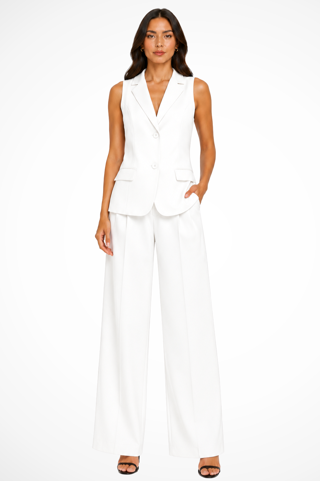 Modern women's two-piece suit featuring a chic halter neck waistcoat & elegant wide leg trousers. Versatile style.