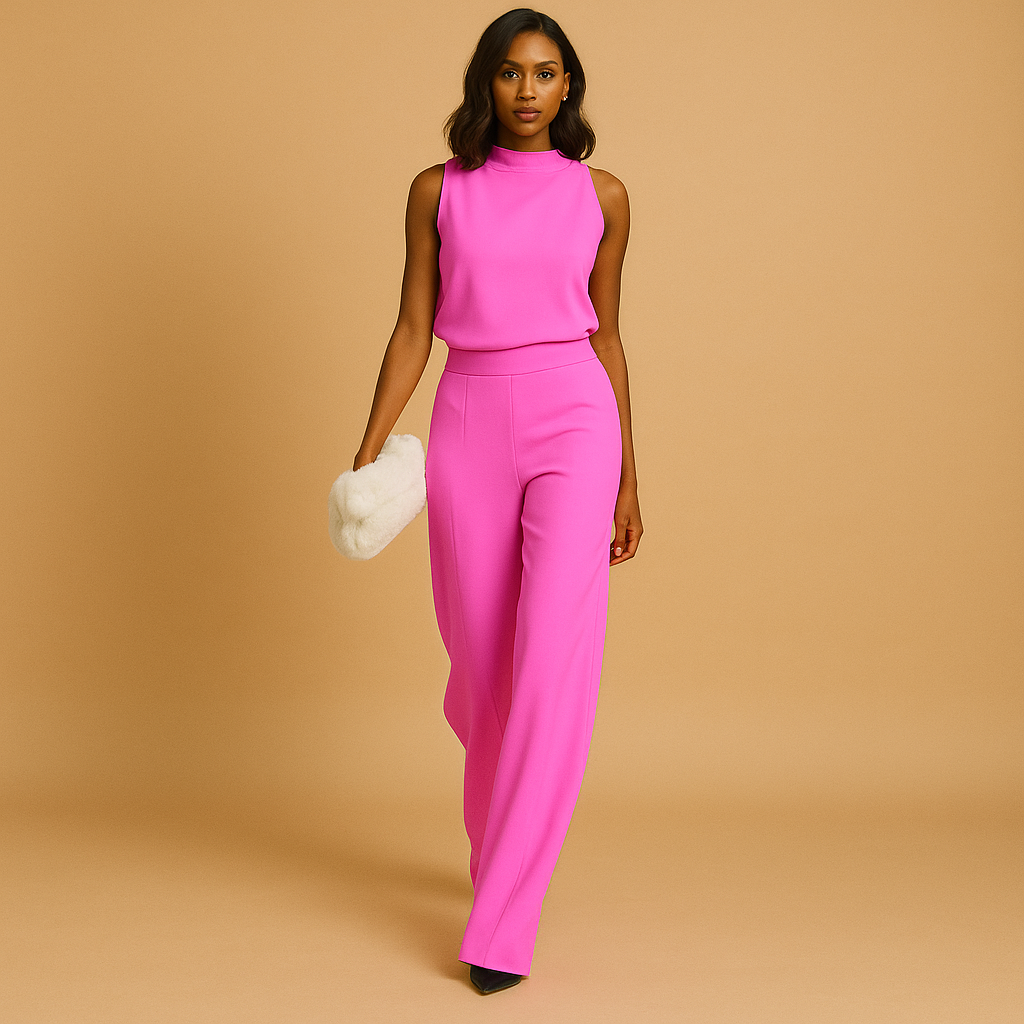Women's flowy wide leg jumpsuit featuring a stylish halter neck & high waist. Versatile for elegant or casual wear.