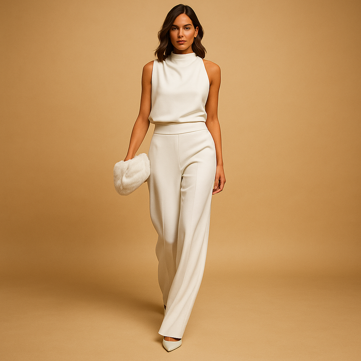 Beautiful women's elegant halter neck wide leg jumpsuit. Flowy, sleeveless design perfect for a stylish party or evening.