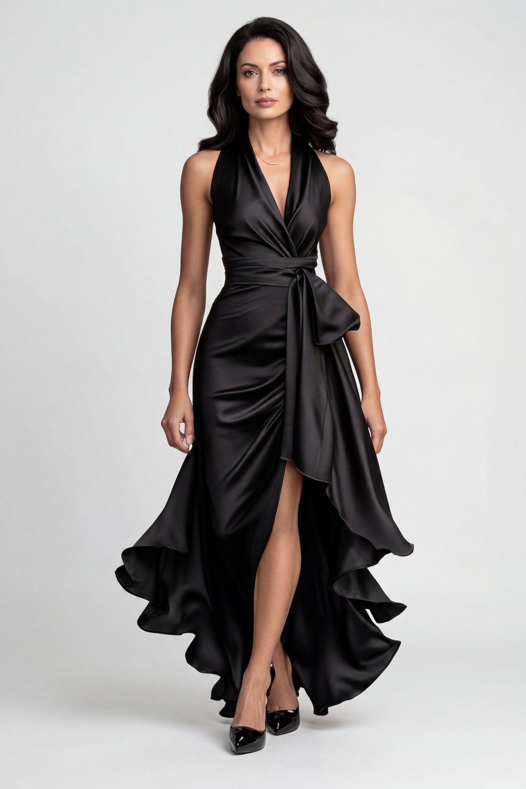 Elegant women's halter prom & wedding guest dress featuring a stylish high-low ruffle hem. Perfect for special occasions.