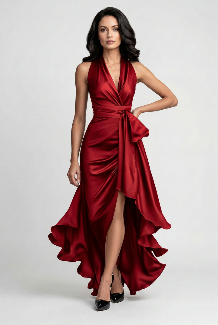 Modern women's fashion: halter prom dress, high-low ruffle hem, and sophisticated design for memorable events.
