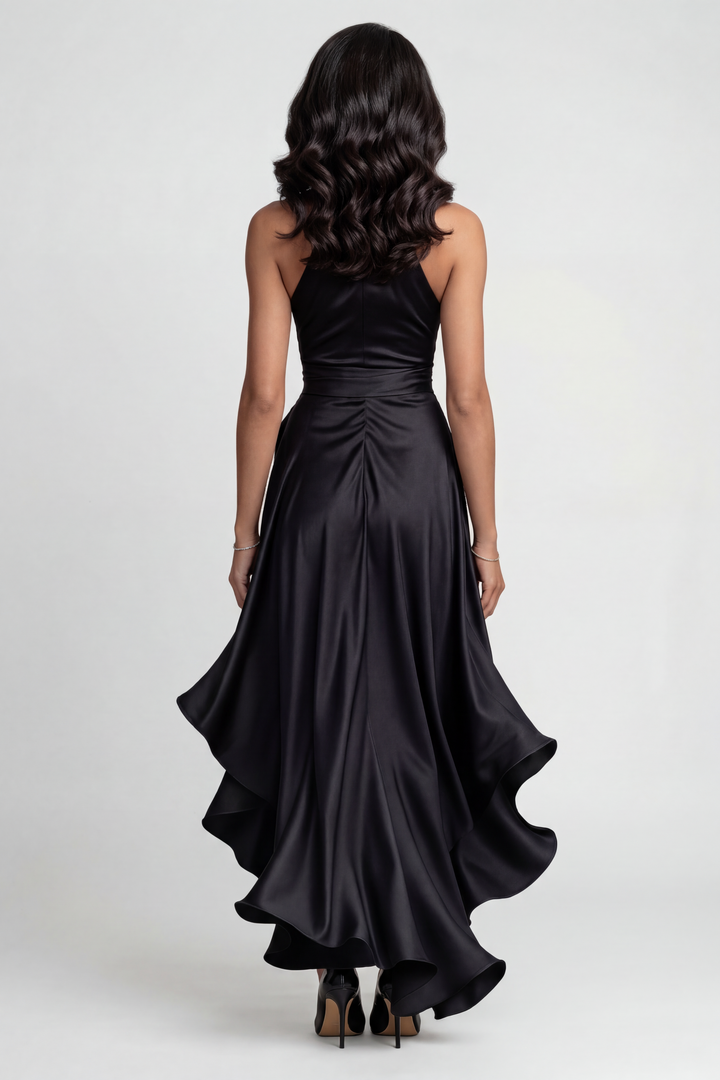 Chic women's formal gown with a flattering halter neckline and a dramatic high-low ruffle hem. Ideal for evening wear.