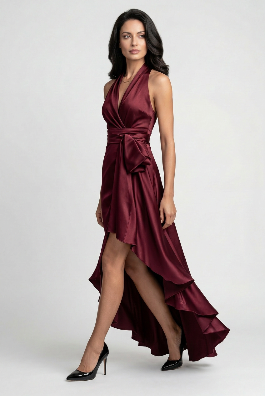 Women's special occasion dress: halter style, vibrant color, and an elegant high-low ruffle hem. A formal choice.
