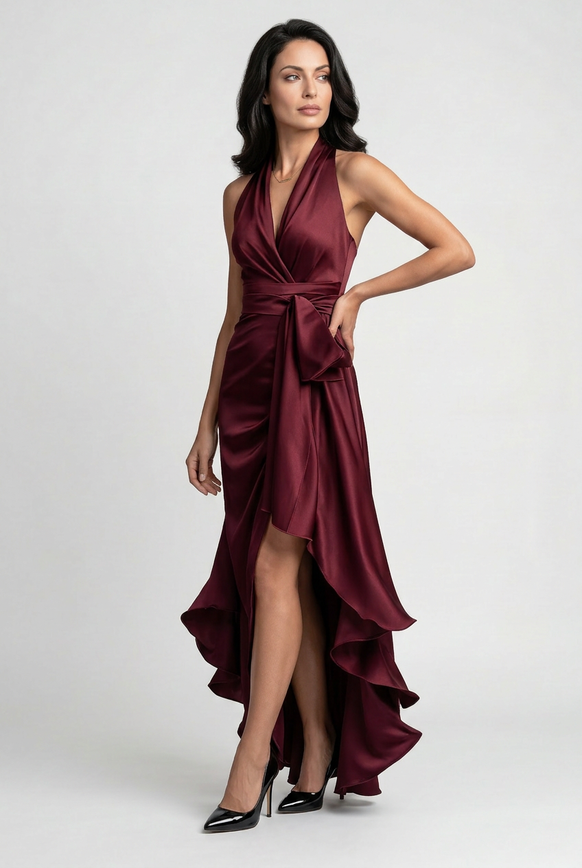 Formal women's halter gown for prom, featuring a beautiful high-low ruffle hem, perfect for a celebration.