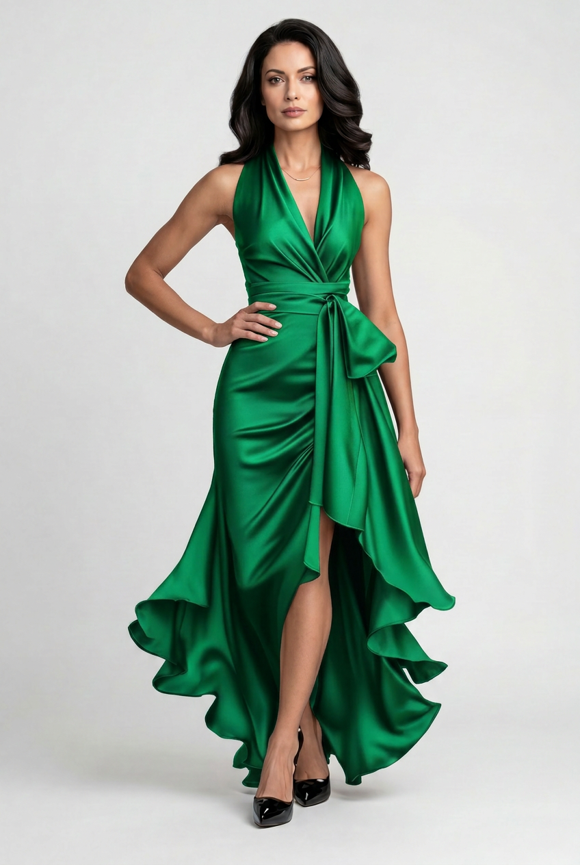 Fashionable women's halter dress with ruffle detailing & a high-low hem, suitable for proms & formal events.