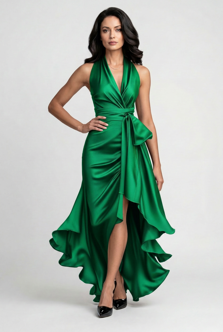 Fashionable women's halter dress with ruffle detailing & a high-low hem, suitable for proms & formal events.