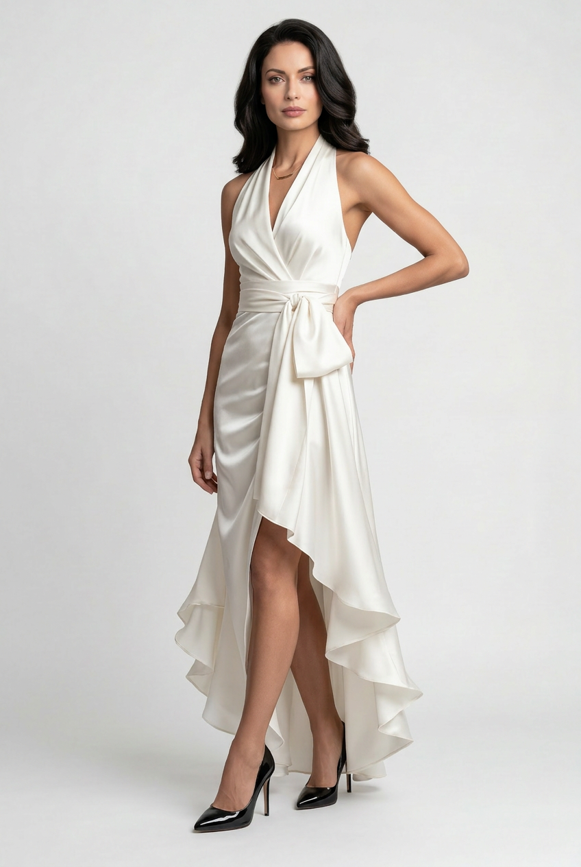Classic women's halter formal gown with a distinctive high-low ruffle hem. Ideal for evening parties.