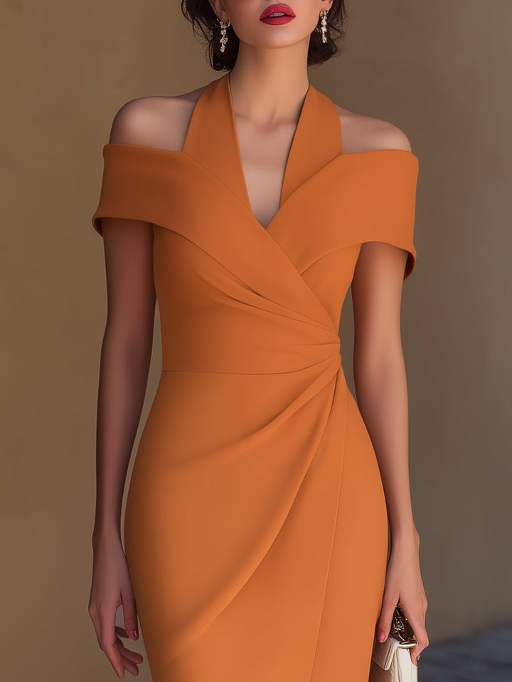 Flattering ruched wrap midi dress for women, featuring an elegant halter neck. Wedding guest attire.