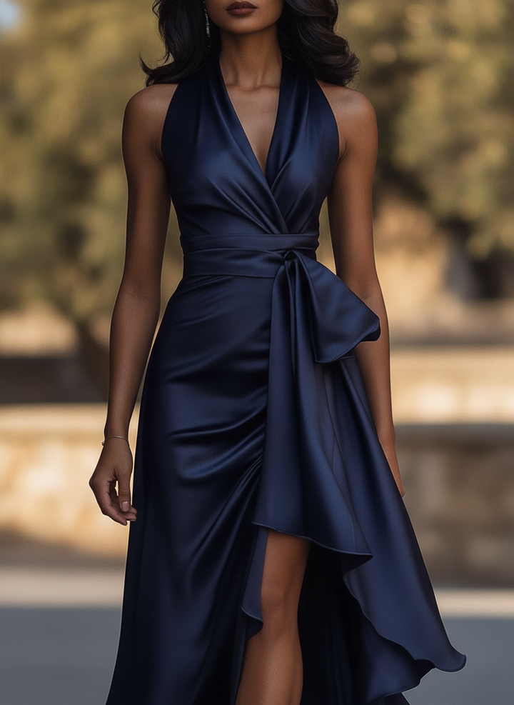 Elegant Women's Halter Ruffle Evening Gown, perfect for wedding guests & formal occasions.