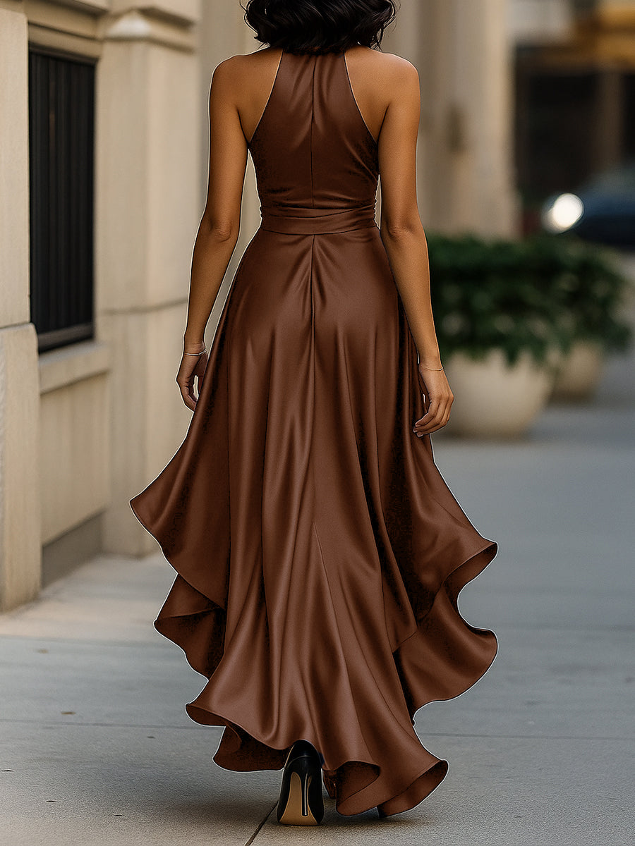 Fashionable women's evening gown. Elegant halter, ruffles, and high-low design for parties.