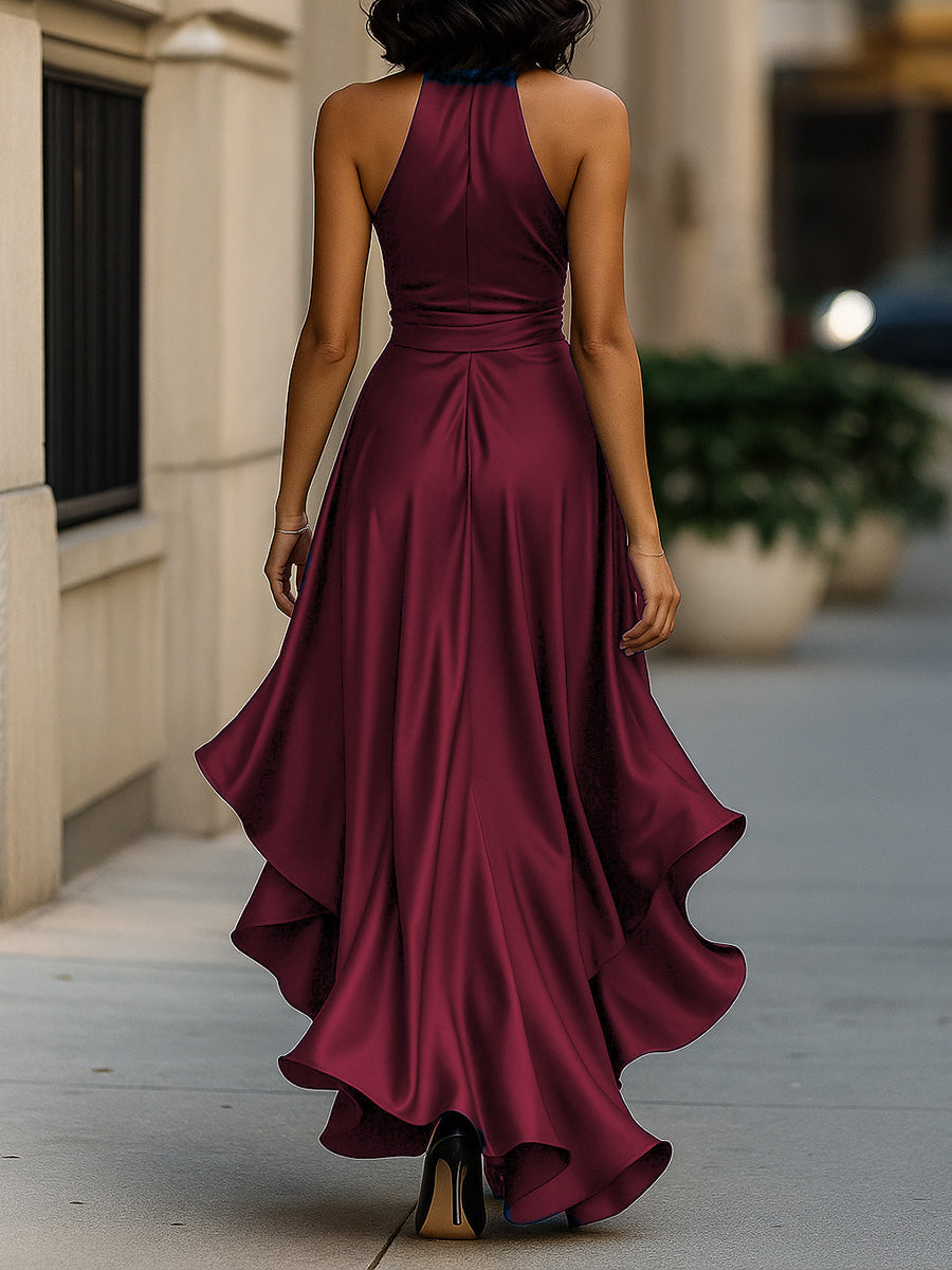 Formal women's fashion: a stunning halter neck ruffle dress for special evening events.