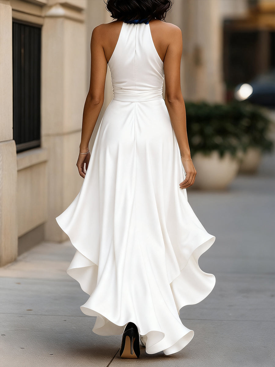 Chic women's wedding guest dress. Halter neckline with ruffles adds unique elegance.
