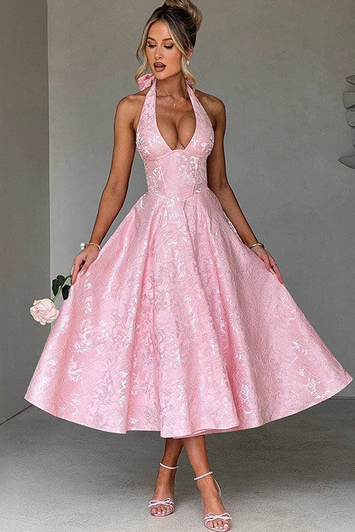 Elegant women's halter V-neck jacquard maxi dress for evening wear.