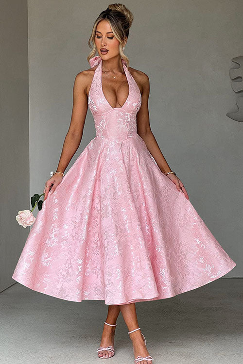 Sophisticated halter V-neck maxi dress for women, jacquard pattern, evening chic.