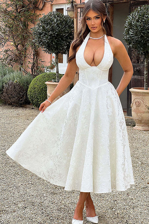 Stunning women's halter V-neck jacquard maxi dress, ideal for special occasions.